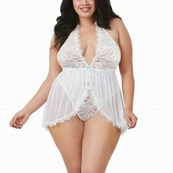 Dream Girl Dreamgirl Lingerie Halter Plunge Lace Teddy White Plus Size Bodysuit 11513X