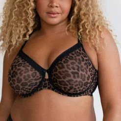 Bras Curvy Couture Sheer Mesh Designer Leopard Print Unlined Bra 1311