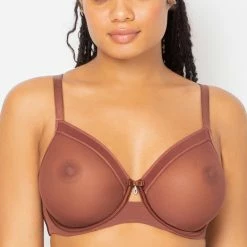 Bras Curvy Couture Sheer Mesh Chocolate Brown Unlined Bra 1311