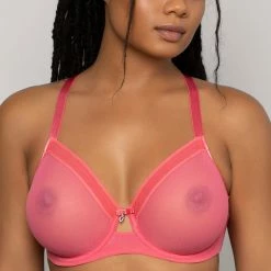 Bras Curvy Couture Sheer Mesh Sun Kissed Coral Unlined Bra 1311