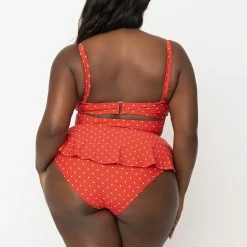 Unique Vintage Swimwear Plus Size Red & White Pin Dot Peplum Solana Tankini Swim Top 165891-CZ157-PL