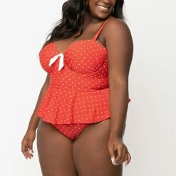 Unique Vintage Swimwear Plus Size Red & White Pin Dot Peplum Solana Tankini Swim Top 165891-CZ157-PL