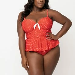 Unique Vintage Swimwear Plus Size Red & White Pin Dot Peplum Solana Tankini Swim Top 165891-CZ157-PL