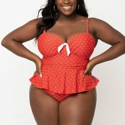 Unique Vintage Swimwear Plus Size Red & White Pin Dot Peplum Solana Tankini Swim Top 165891-CZ157-PL