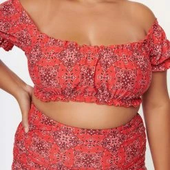 Unique Vintage Swimwear Encinitas Plus Size Red Bandana Print Crop Bikini Top 166879-C193-PL