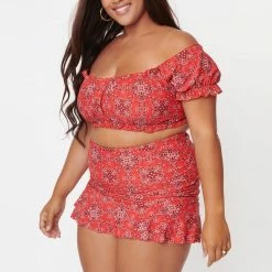 Unique Vintage Swimwear Alice Plus Size Red Bandana Print Skirt Bikini Bottom 166889-CZ105-PL