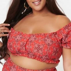 Unique Vintage Swimwear Encinitas Plus Size Red Bandana Print Crop Bikini Top 166879-C193-PL