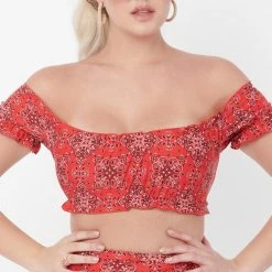 Unique Vintage Swimwear Encinitas Red Bandana Ruffle Crop Bikini Top 166883-CZ193