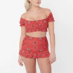 Unique Vintage Swimwear Alice Red Bandana Print Skirt Bikini Bottom 166893-CZ105