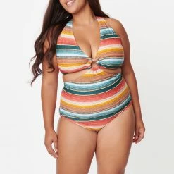 Unique Vintage Swimwear Serape Rainbow Stripe Plus Size Fresh Cut One Piece 166909-CZ203-PL