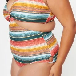 Unique Vintage Swimwear Serape Rainbow Stripe Plus Size Fresh Cut One Piece 166909-CZ203-PL