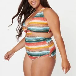 Unique Vintage Swimwear Serape Rainbow Stripe Plus Size Fresh Cut One Piece 166909-CZ203-PL