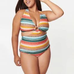 Unique Vintage Swimwear Serape Rainbow Stripe Plus Size Fresh Cut One Piece 166909-CZ203-PL