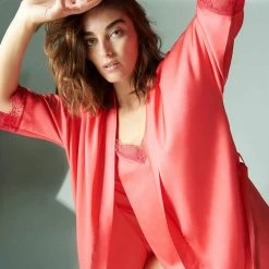 Lingerie Simone Perele Sleepwear Satin Secrets Rose Mon Amour Kimono Robe 3H980