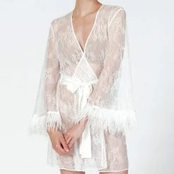 Lingerie Rya Sleepwear Jasmine Ivory Feather Robe Cover Up 585