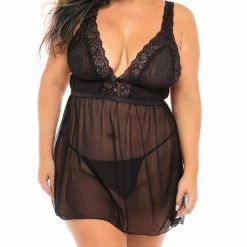 Oh La La Cheri Lingerie Nora Black Lace And Mesh Plus Size Babydoll 75-10789X