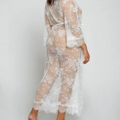 I Collection ICollection Lingerie Jasmine White All Lace Long Plus Size Robe 78023X