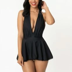 Unique Vintage Swimwear Black Halter Skirted Wendy One Piece 96886-CZ148