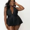 Unique Vintage Swimwear Plus Size Black Halter Skirted Wendy Swimsuit 96892-CZ148-PL