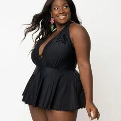 Unique Vintage Swimwear Plus Size Black Halter Skirted Wendy Swimsuit 96892-CZ148-PL