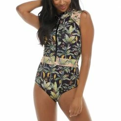 Body Glove Swimwear Equator Stand Up Black Zip Front One Piece 39-574762
