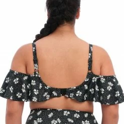 Elomi Swimwear Plain Sailing Black Daisy Frill Bardot Bikini Top 7273