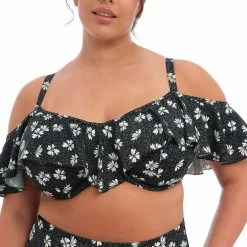 Elomi Swimwear Plain Sailing Black Daisy Frill Bardot Bikini Top 7273