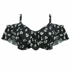 Elomi Swimwear Plain Sailing Black Daisy Frill Bardot Bikini Top 7273