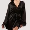 Lingerie Playful Promises Sirus Black Satin And Feather Kimono Robe FH070B
