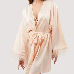 Playful Promises Cassiopeia Blush Pink Satin And Feather Kimono Robe H070B