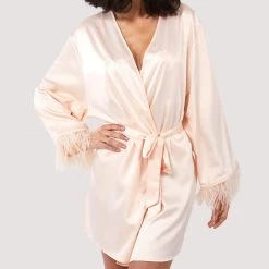 Playful Promises Cassiopeia Blush Pink Satin And Feather Kimono Robe H070B