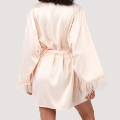 Playful Promises Cassiopeia Blush Pink Satin And Feather Kimono Robe H070B