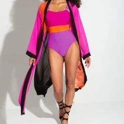 Pour Moi Swimwear Colour Block Pink Orange Black Print Maxi Chiffon Kimono Cover Up 91034