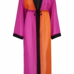 Pour Moi Swimwear Colour Block Pink Orange Black Print Maxi Chiffon Kimono Cover Up 91034