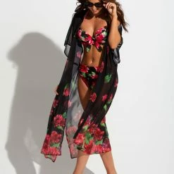 Pour Moi Swimwear Orchid Luxe Black Pink Maxi Kimono Cover Up 13903