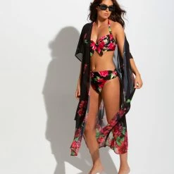 Pour Moi Swimwear Orchid Luxe Black Pink Maxi Kimono Cover Up 13903