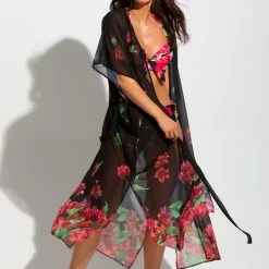 Pour Moi Swimwear Orchid Luxe Black Pink Maxi Kimono Cover Up 13903