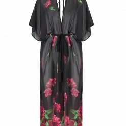 Pour Moi Swimwear Orchid Luxe Black Pink Maxi Kimono Cover Up 13903