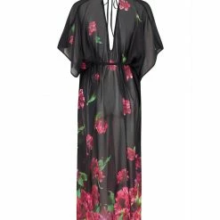 Pour Moi Swimwear Orchid Luxe Black Pink Maxi Kimono Cover Up 13903