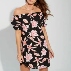 Pour Moi Swimwear Bardot Black Pink Beach Dress Cover Up 91018