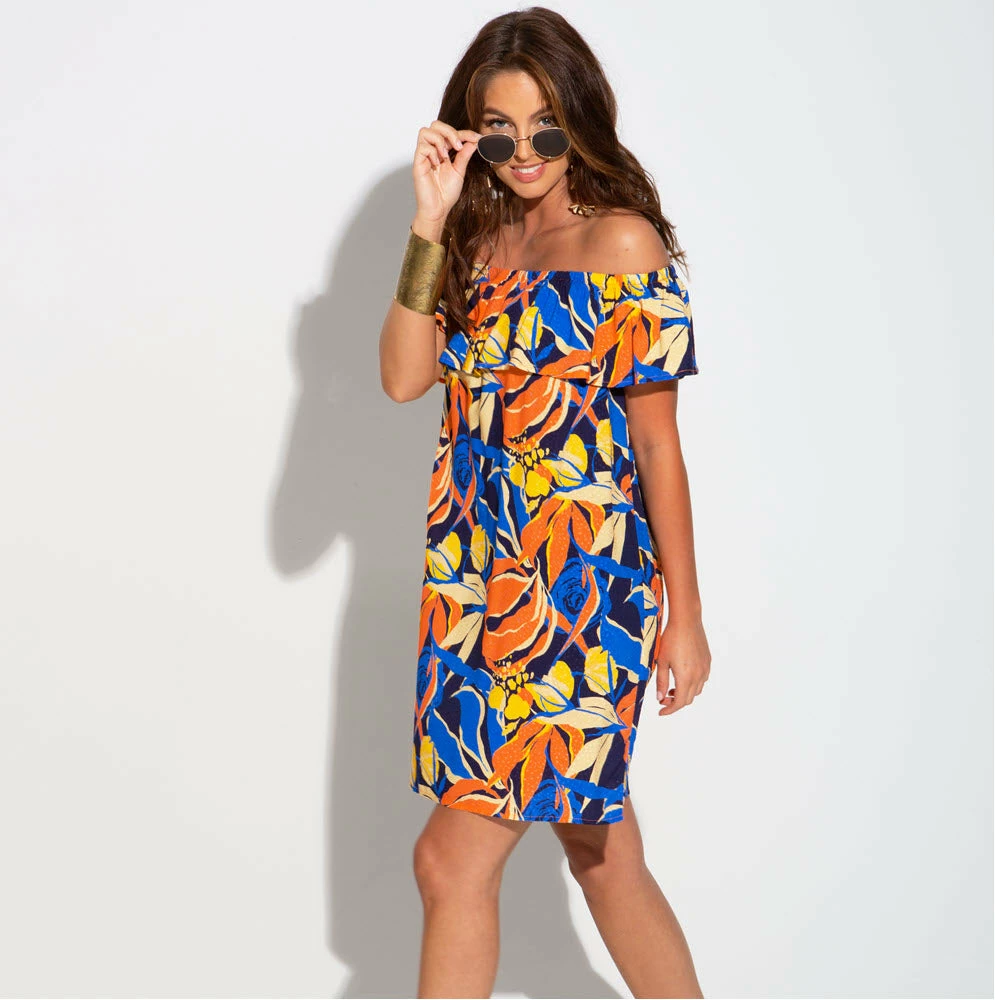 Pour Moi Swimwear Bardot Navy Coral Beach Dress Cover Up 91021
