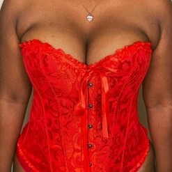 The Bra Genie Corsets Overbust Brocade Ruffle Red & Black Lingerie