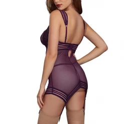 Dream Girl Bra & Panty Sets Dreamgirl Lingerie Stretch Mesh And Lace Plum Garter Slip 11805