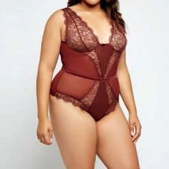 I Collection ICollection Lingerie Selena Burgundy Plus Size Bodysuit 8566X
