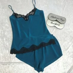 Linda Hartman Susette Twilight Teal Black Lace Cami Tap Pajama Set 511762 Lingerie