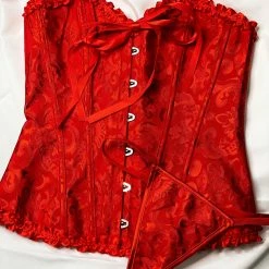 The Bra Genie Corsets Overbust Brocade Ruffle Red & Black Lingerie