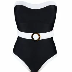 Pour Moi Swimwear Removable Straps Belted Black White Control One Piece 1414