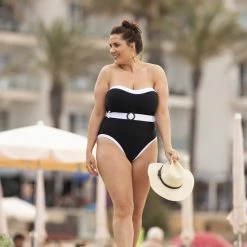 Pour Moi Swimwear Removable Straps Belted Black White Control One Piece 1414